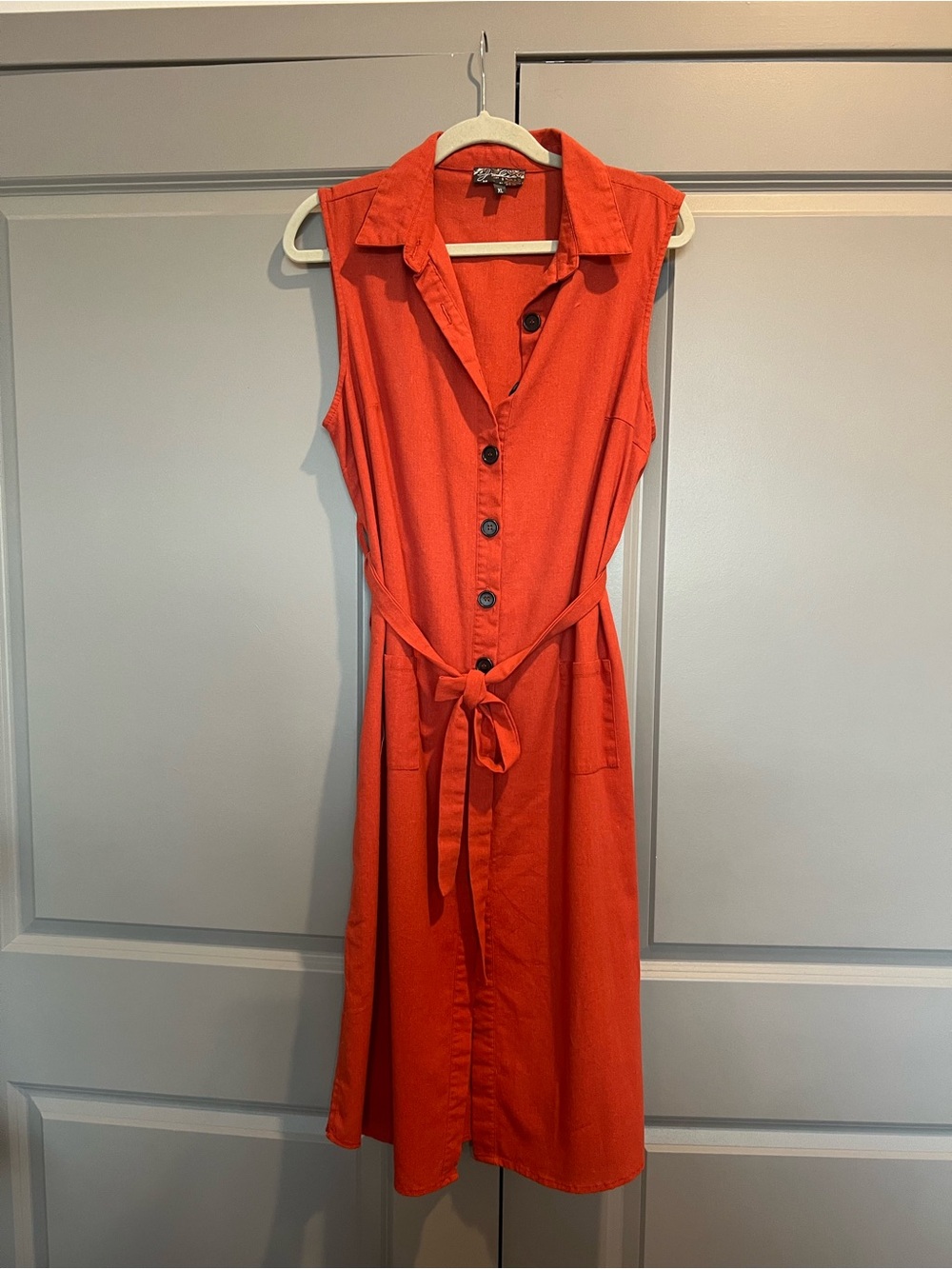 Sleeveless Button-Up Midi Dress with Self-Tie Waist in Orange